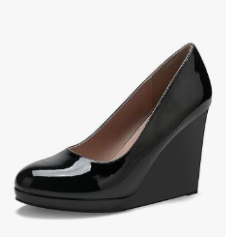 miss left Black Classic Rounded Closed Toe Pumps Slip On Wedges Heel Shoes